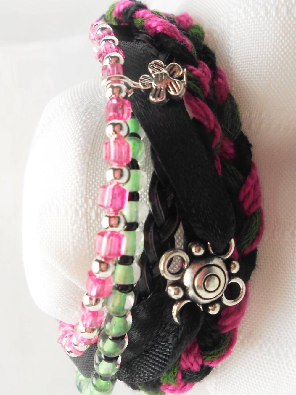 Handmade bracelet with rows of threads, beads, and charms No. 207
